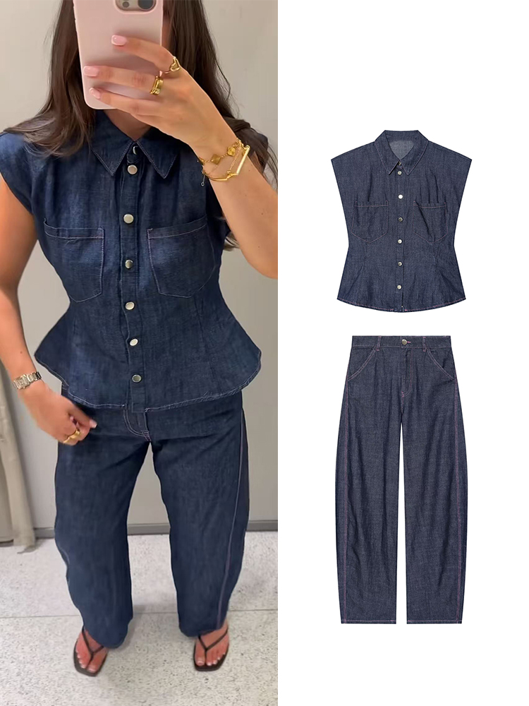 TFMLN Women Denim Pant Set Chi - đánh giá và giá Shoulder Pad Set In