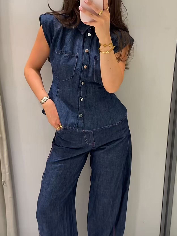 TFMLN Women Denim Pant Set Chi - đánh giá và giá Shoulder Pad Set In